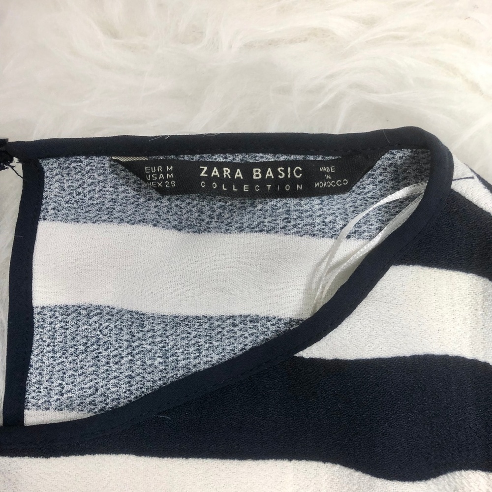 Zara Navy and White Striped Blouse w/ Pearl Sleeve - Picture 5 of 6
